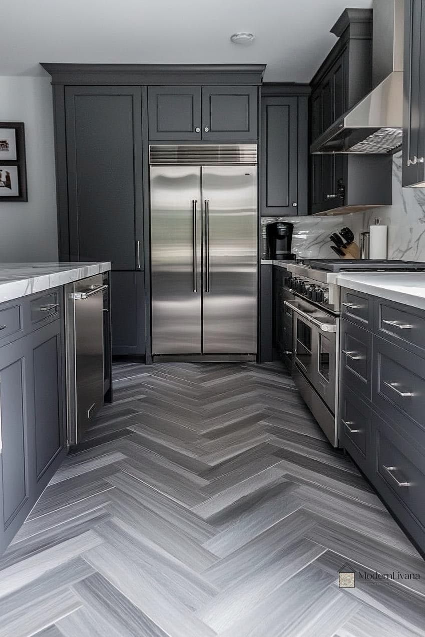 Herringbone Tile Backsplash in Gray Tones