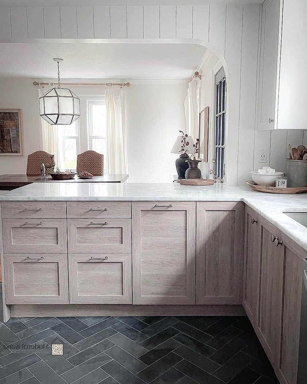 Herringbone Tile Backsplash in Gray
