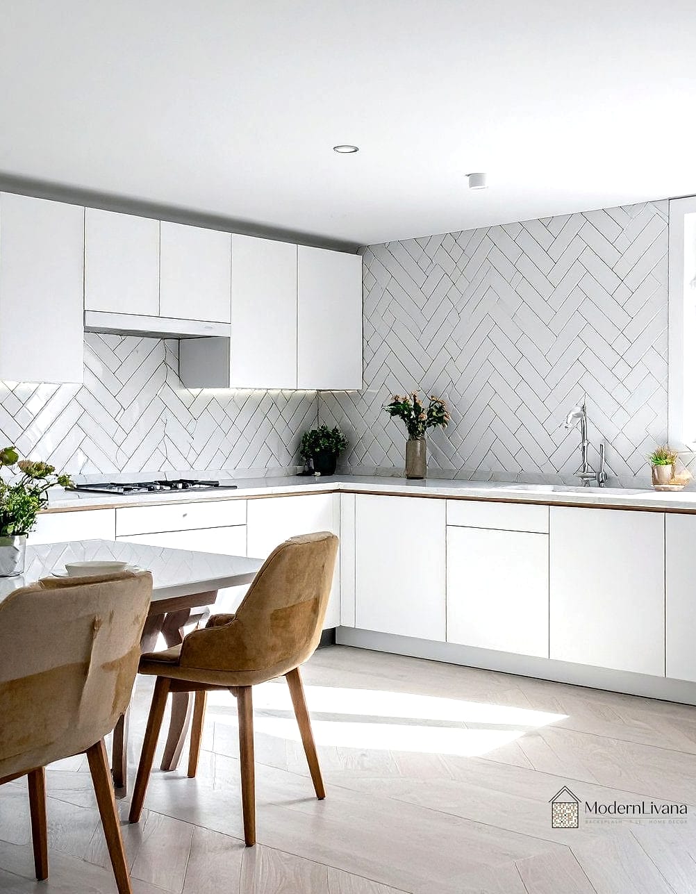 30 White Modern Kitchen Ideas Worth Bookmarking Before You Renovate 7 Herringbone Tile Backsplash in White