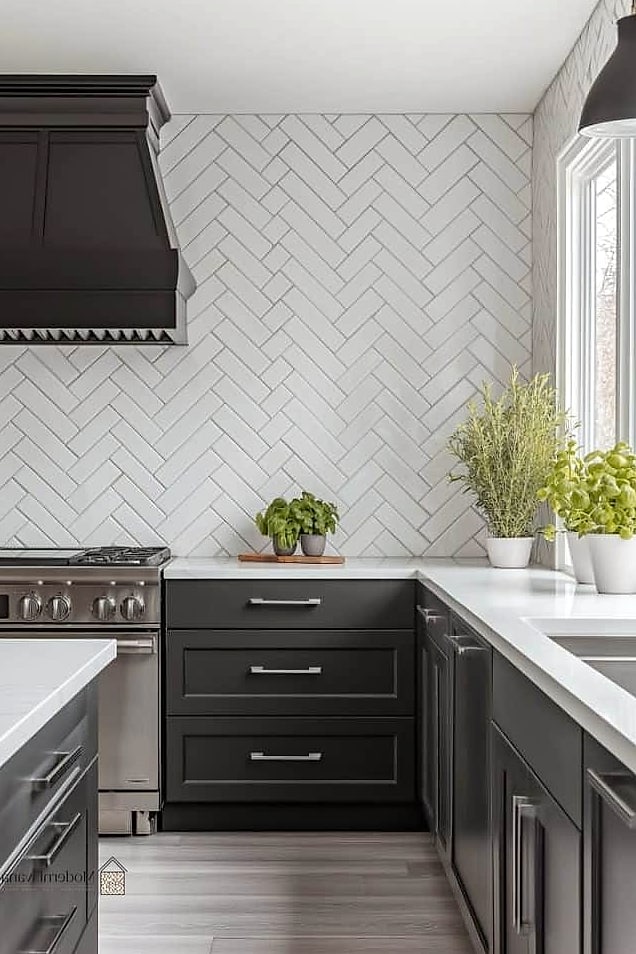 Herringbone Tile Backsplash in Soft Gray