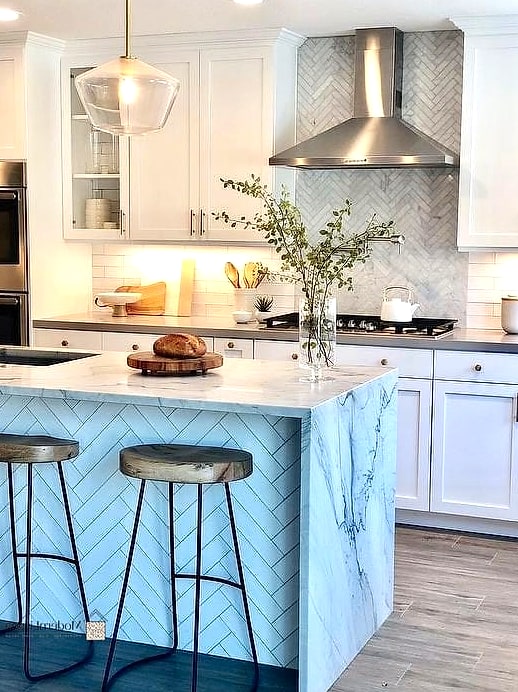 26 Kitchen Island Ideas You'll Want to Save Right Now 13 Herringbone Tile Accent Panel