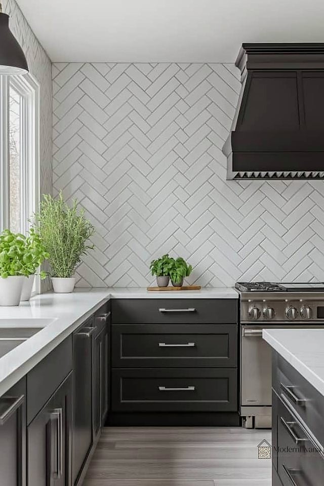 Herringbone Tile Backsplash in Soft Gray