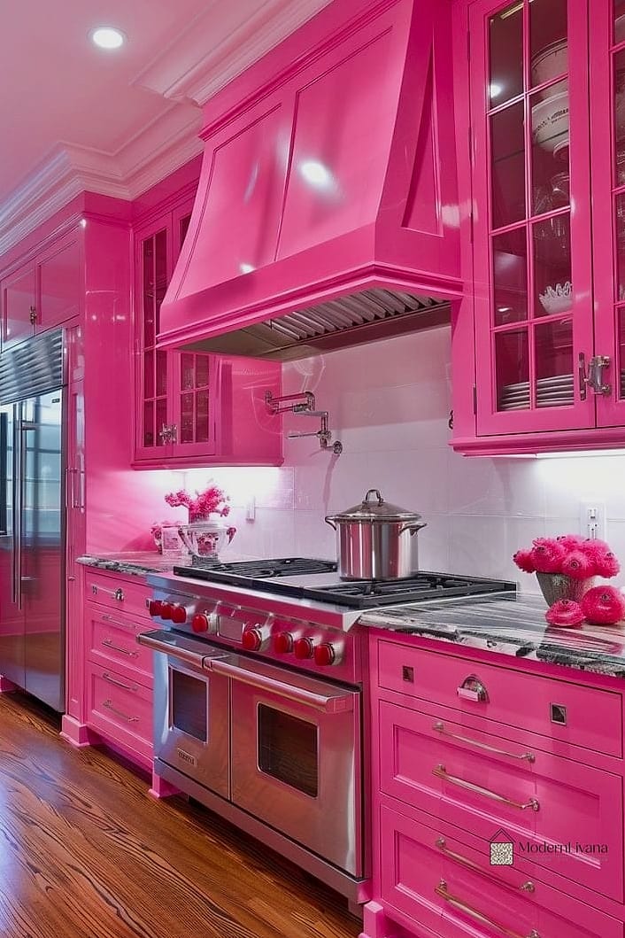 24 Pink Kitchen Ideas to Inspire Your Next Renovation 9 Hot Pink Statement Range