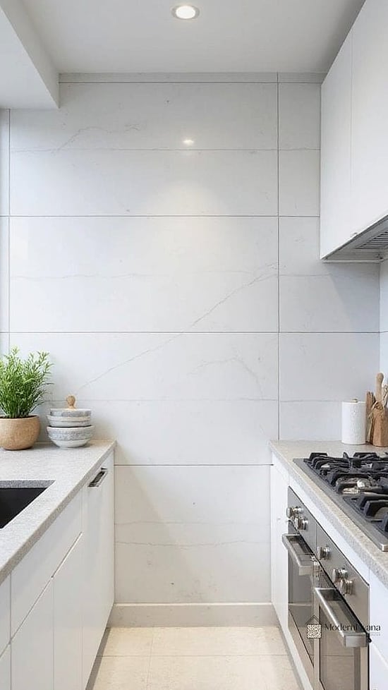 24 White Backsplash Ideas That Work in Any Size Home 21 Large Format White Tile