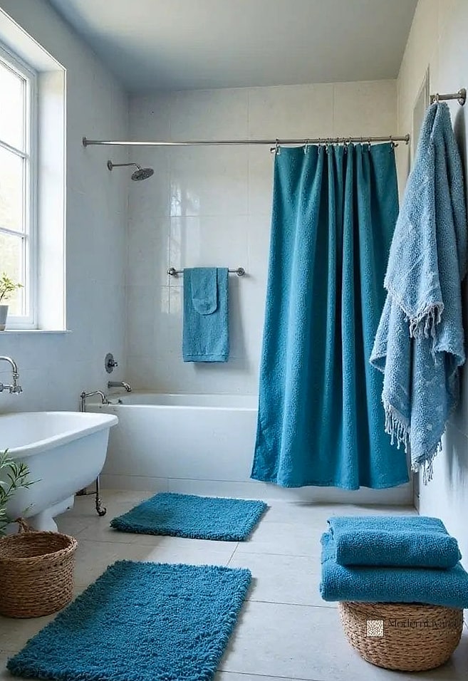 Layered Blue Textiles and Bath Mats