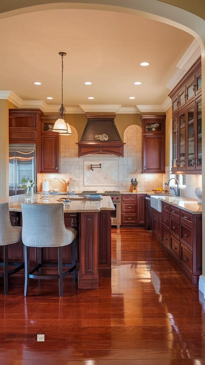 30 Cherry Kitchen Ideas That Are Stylish and Practical 12 Layered Lighting to Highlight Wood Grain