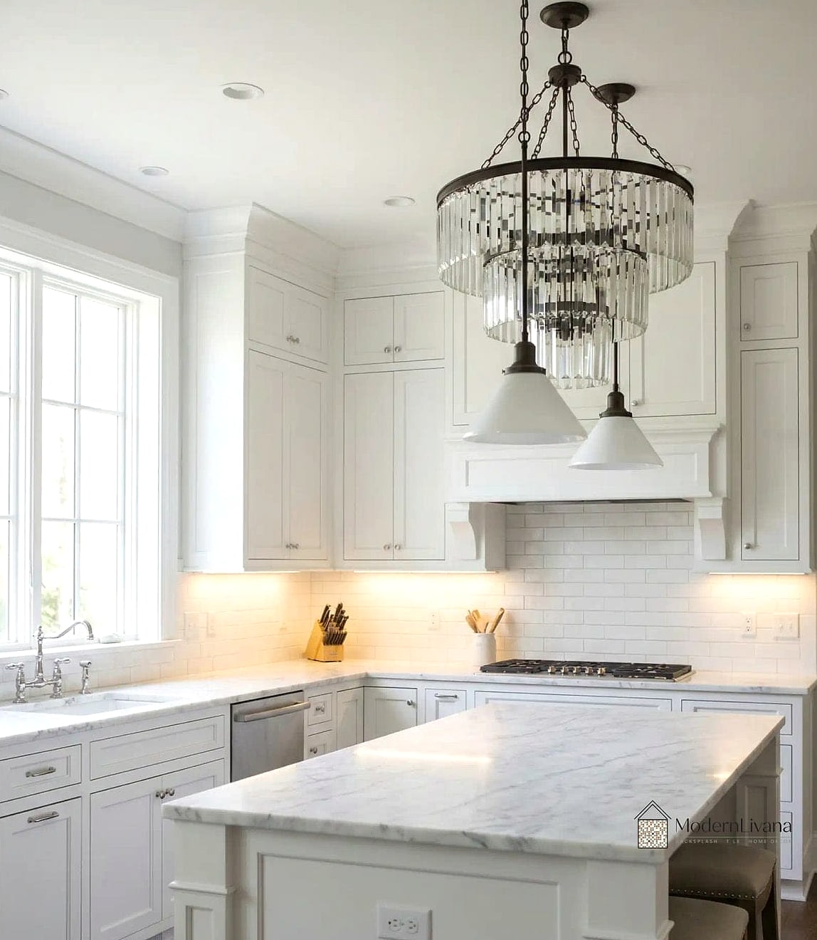 24 White Kitchen Ideas That Are Stylish and Practical 17 Layered Lighting for Depth