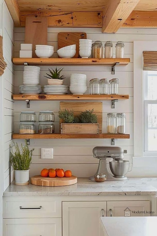 22 Open Shelving Kitchen Ideas That Will Transform Your Space 21 Layered Open Shelving with Seasonal Styling