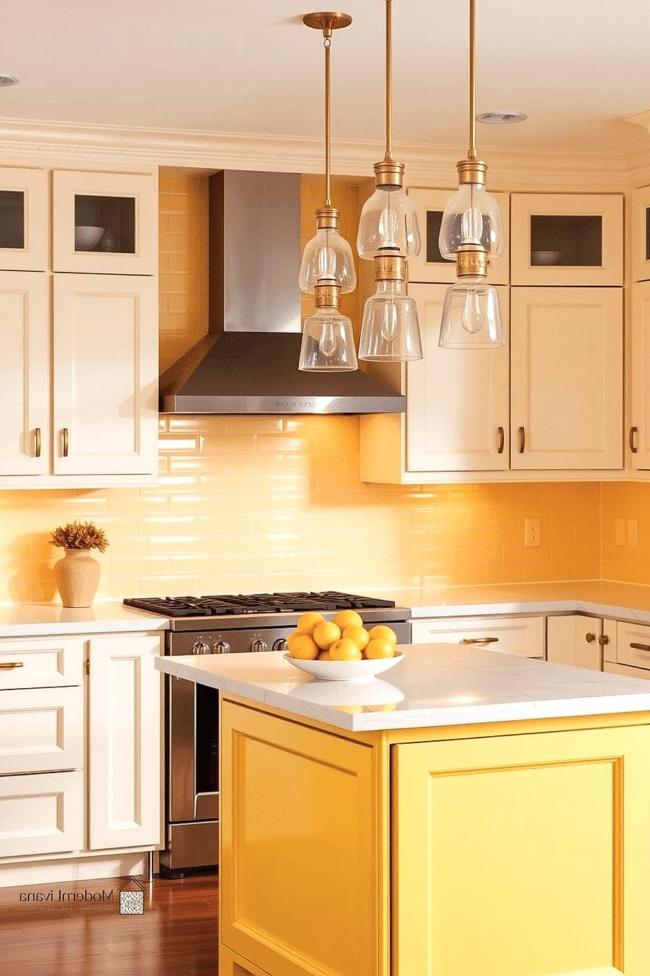 Lemon Yellow Kitchen Island with Contrasting Countertop