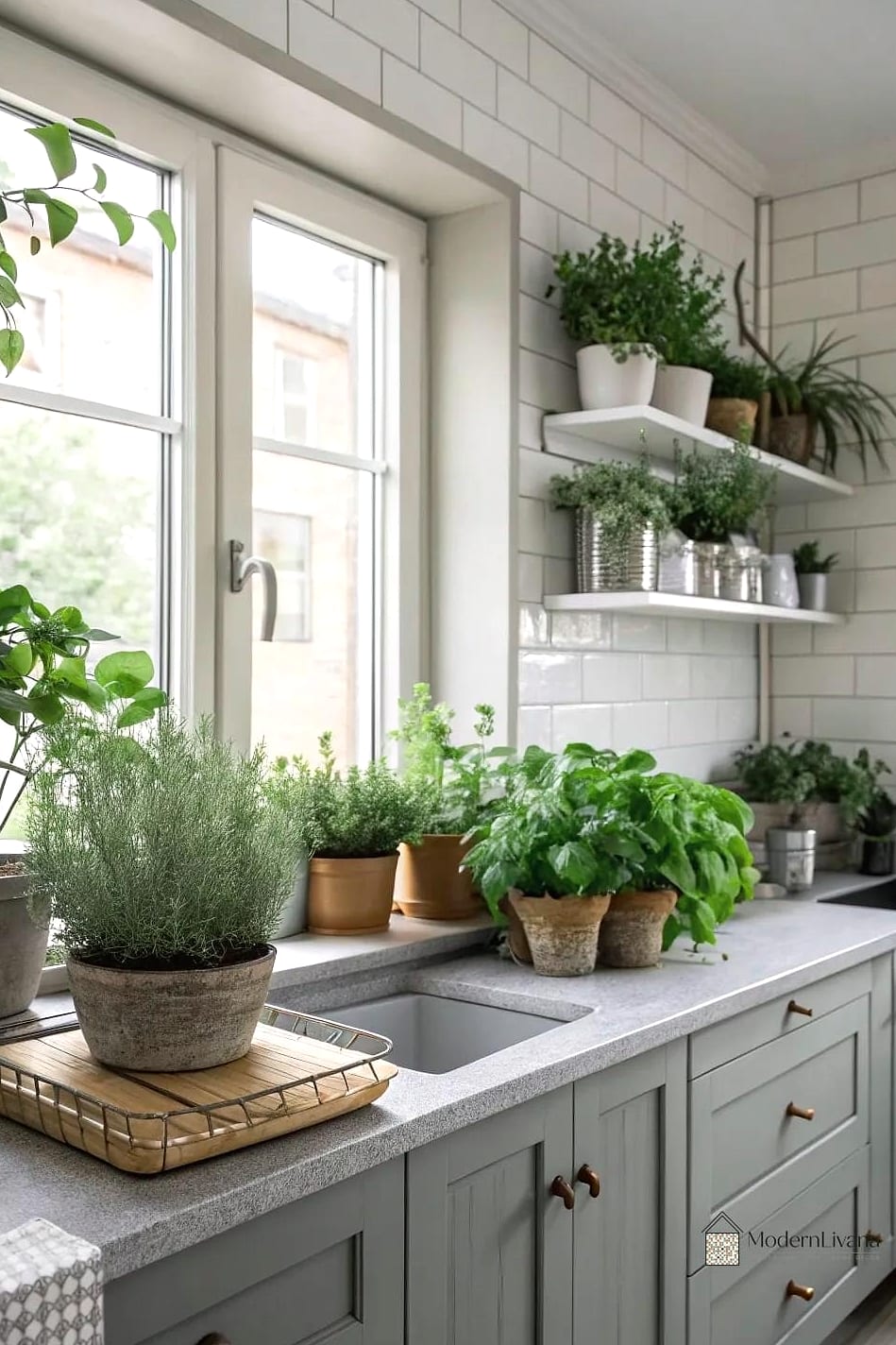 Light Gray Kitchen with Greenery