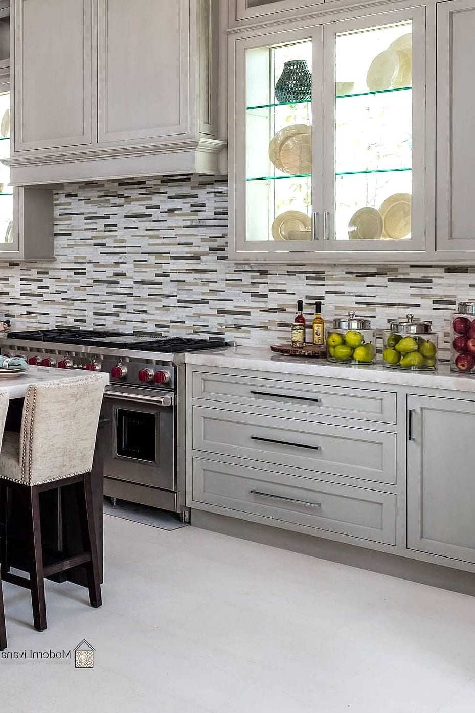 Light Gray Cabinets with Mosaic Tile Backsplash