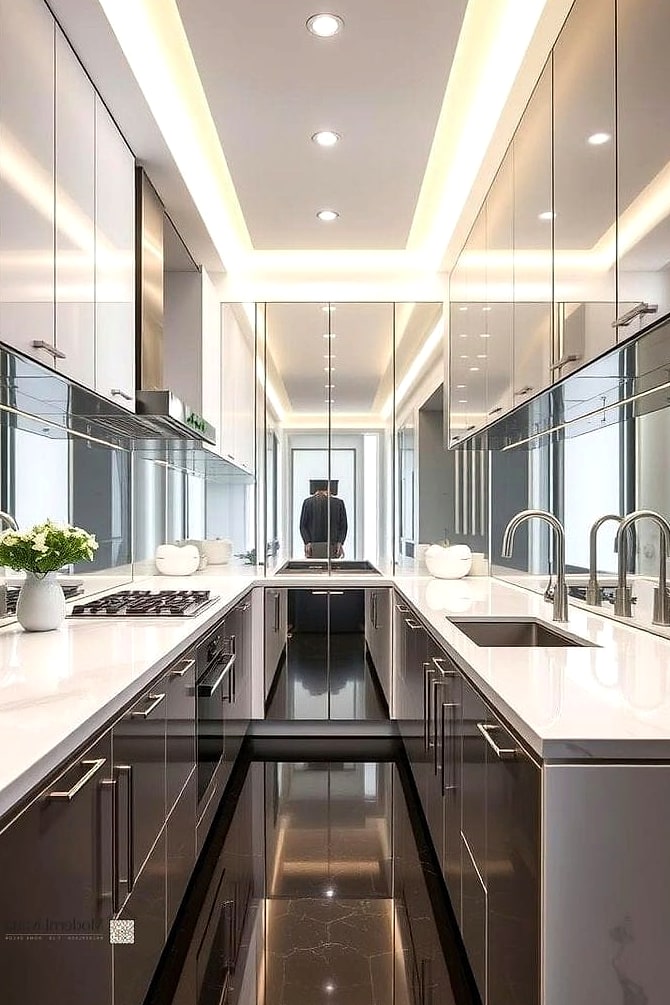 28 Galley Kitchen Ideas Worth Bookmarking Before You Renovate 2 Light, Reflective Countertops
