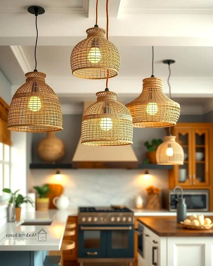 27 Light Wood Kitchen Ideas Worth Bookmarking Before You Renovate 23 Light Wood Kitchen with Woven Pendant Lights