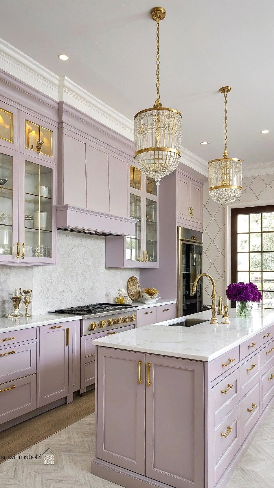 29 Purple Kitchen Ideas That Are Stylish and Practical 18 Lilac Kitchen with Gold Accents