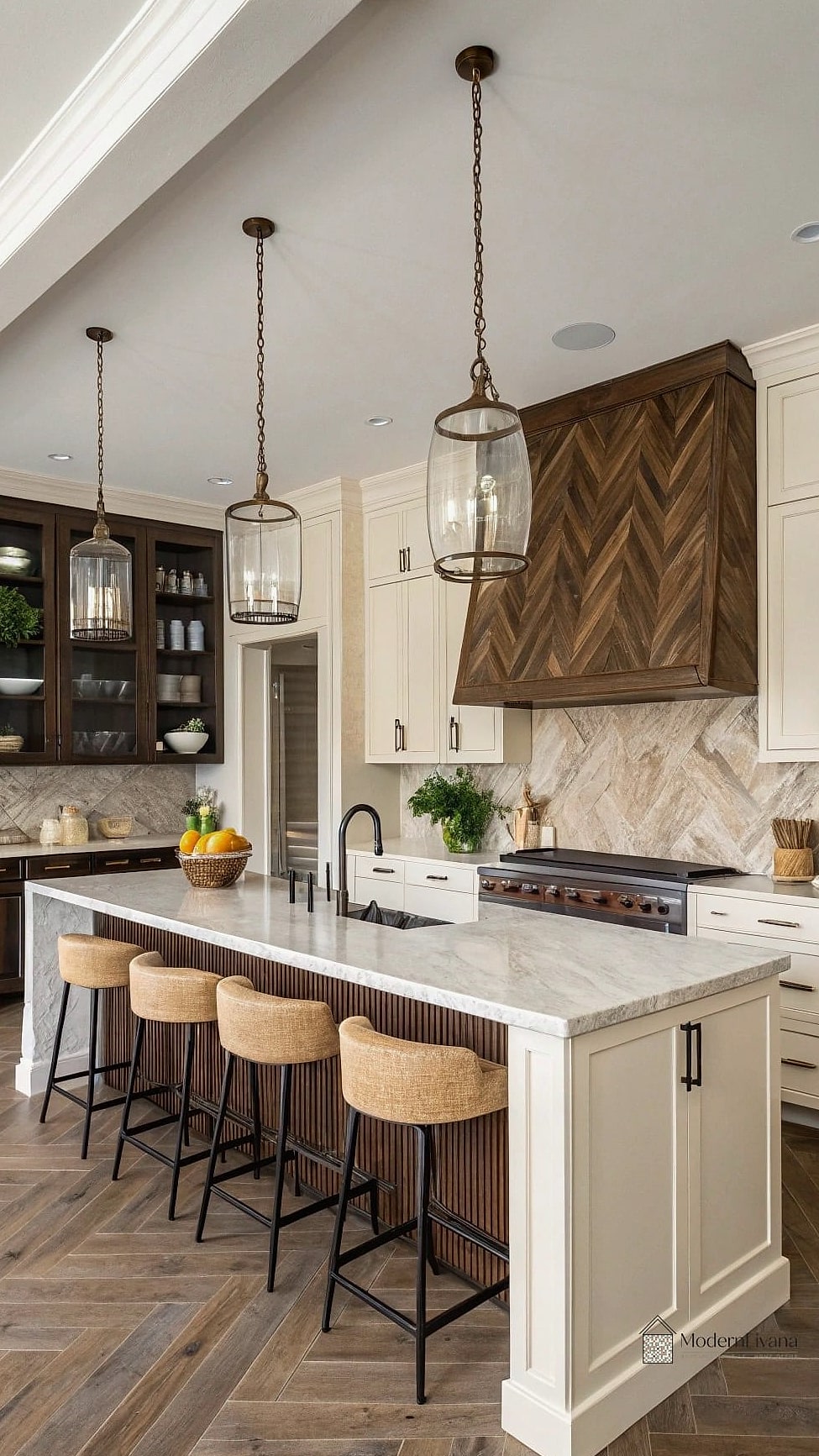 Marble Herringbone with Brass Trim