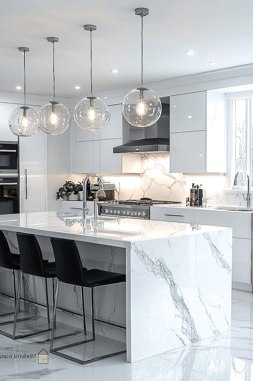 23 White Modern Kitchen Ideas Worth Bookmarking Before You Renovate 9 Marble-Look Porcelain Countertops