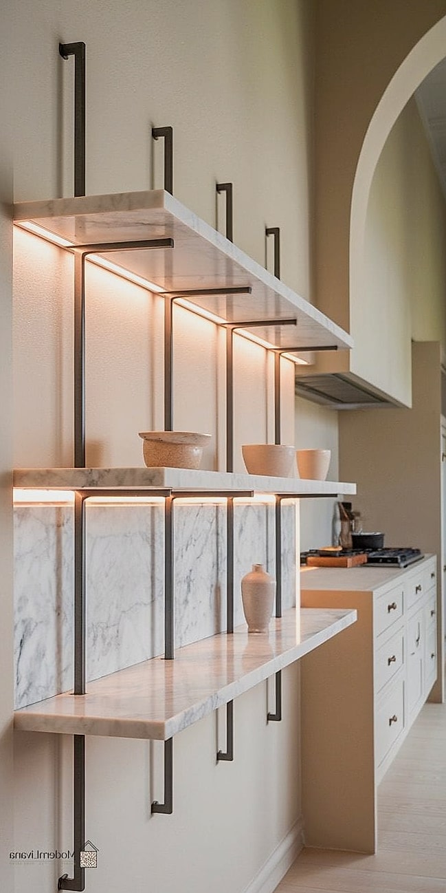 22 Open Shelving Kitchen Ideas That Will Transform Your Space 15 Marble Shelf Accents Paired with Wood