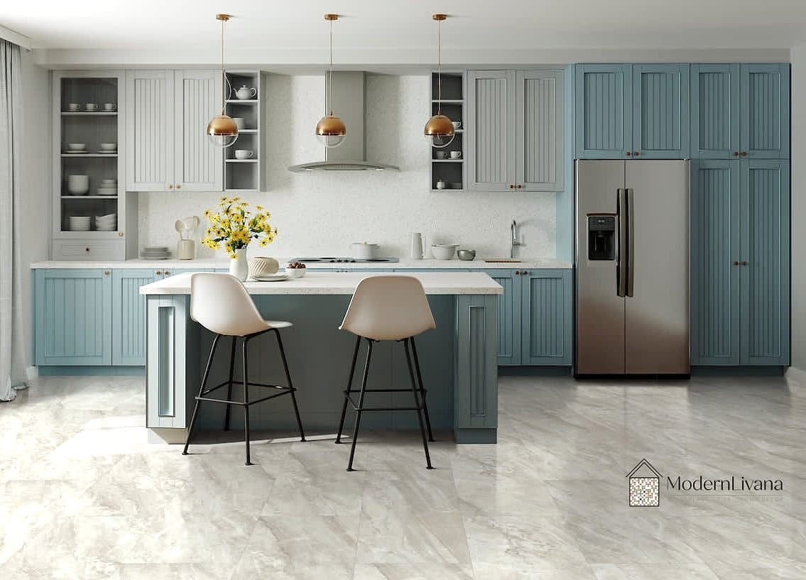 Marble Tile Accent Behind Open Shelving