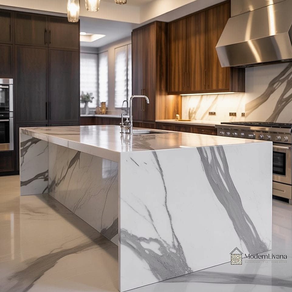 26 Kitchen with Stainless Steel Appliances Cool Ideas You Haven't Seen Before 9 Marble Waterfall Island
