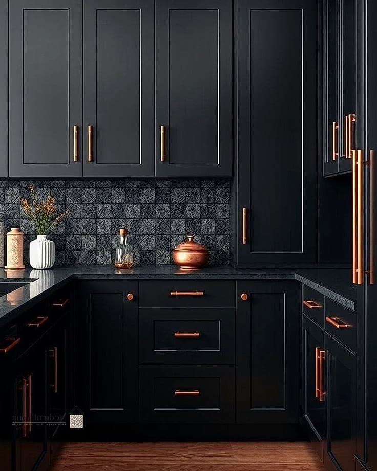 Matte Black Cabinets with Copper Hardware