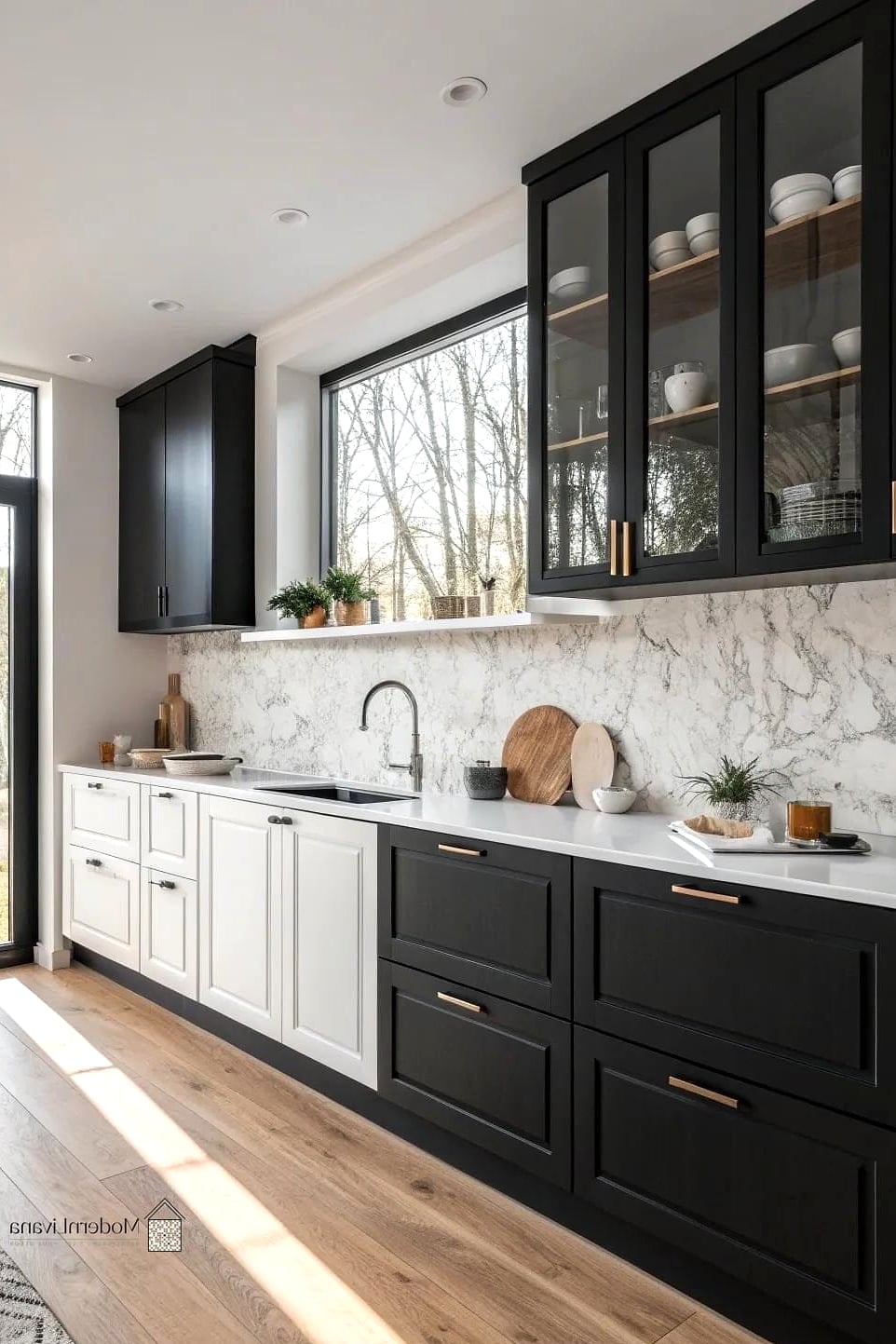 Matte Black Cabinets with White Ceramic Tile Backsplash