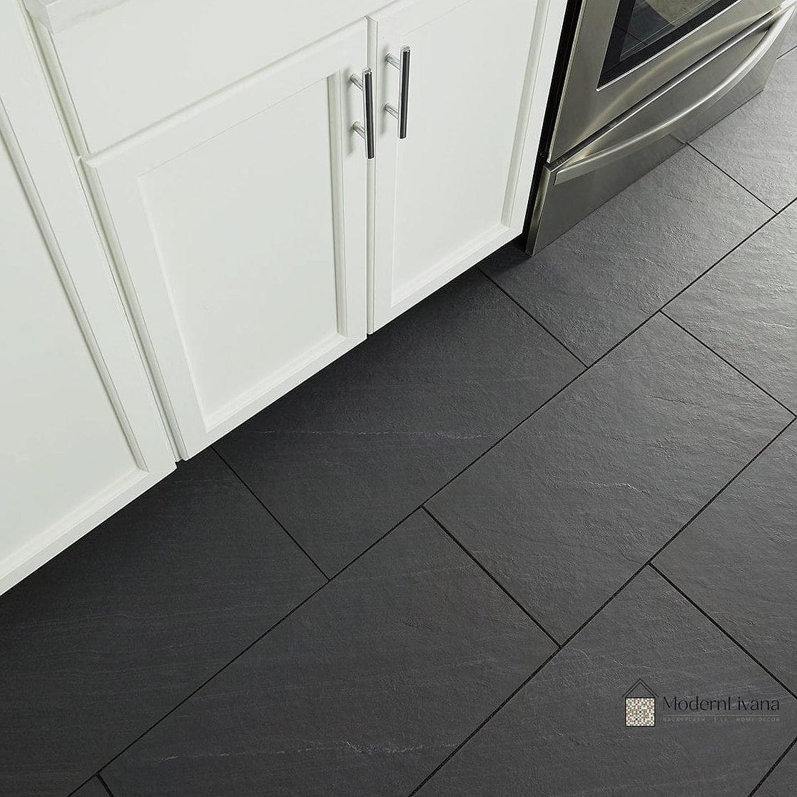 22 Kitchen Floor Tiles Ideas You Haven't Seen Before 9 Matte Black Tile with Brass Accents