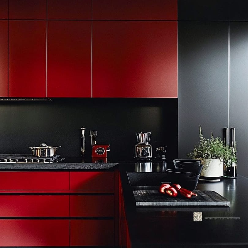 Matte Red Lower Cabinets with White Uppers