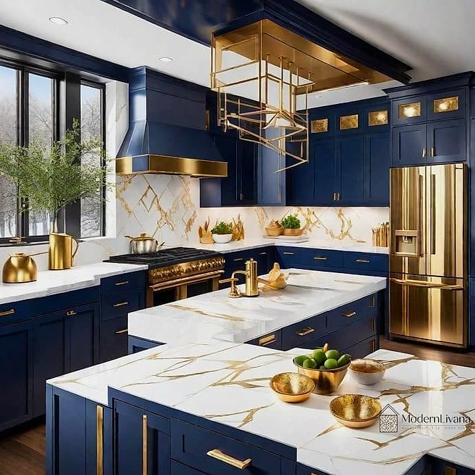 Midnight Blue Backsplash with Gold Accents