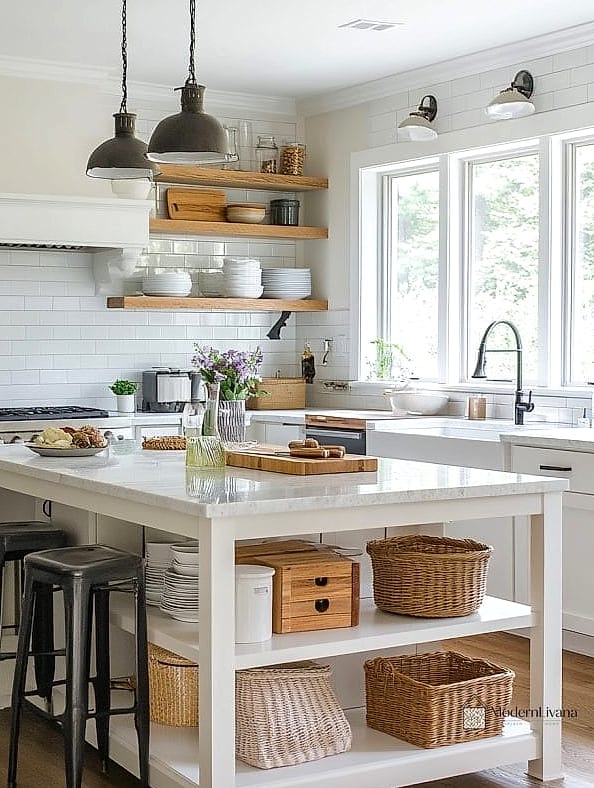 22 Open Shelving Kitchen Ideas That Will Transform Your Space 13 Minimalist Floating Shelves in a Monochrome Kitchen