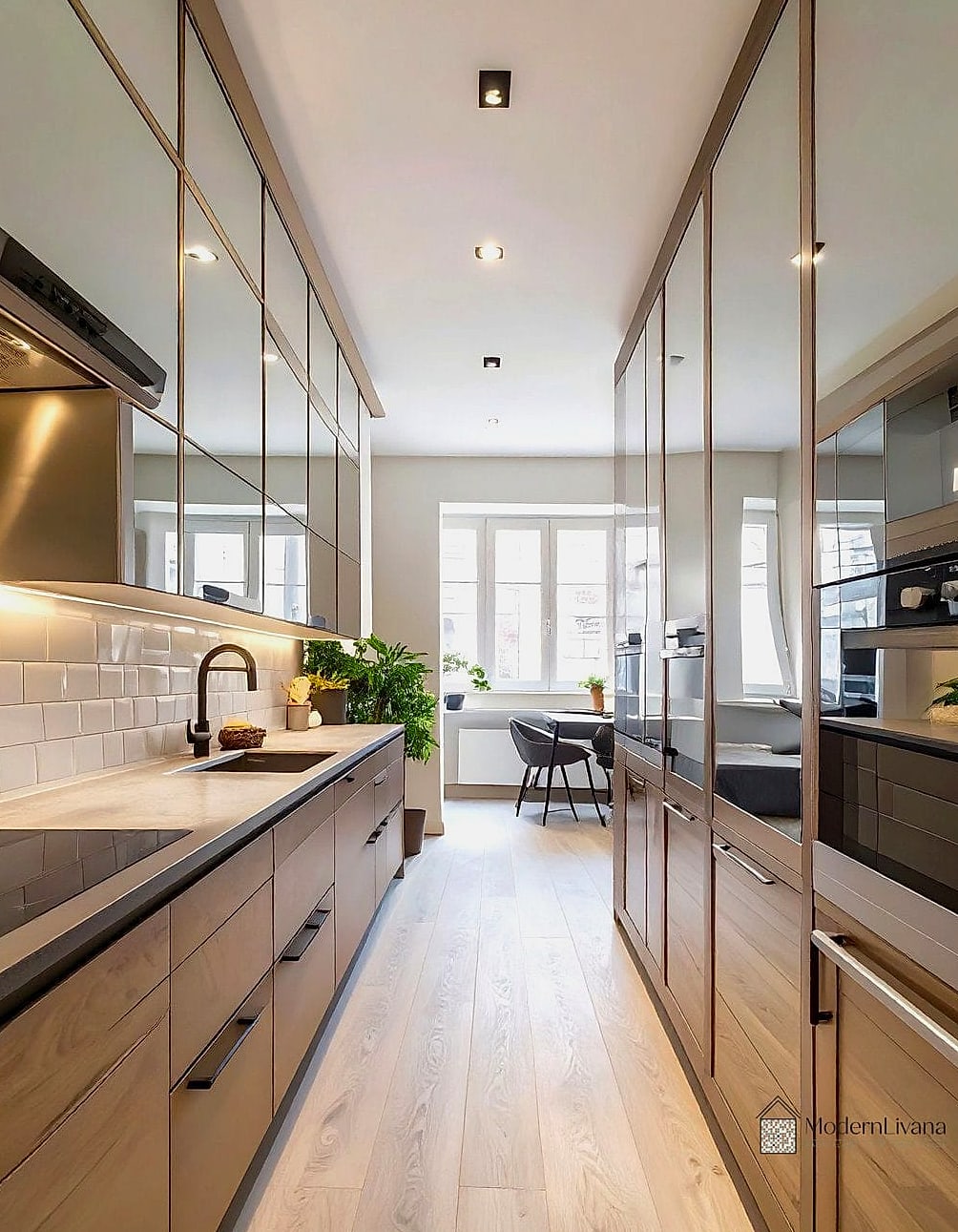 28 Galley Kitchen Ideas Worth Bookmarking Before You Renovate 8 Mirrored or Glass Cabinet Fronts