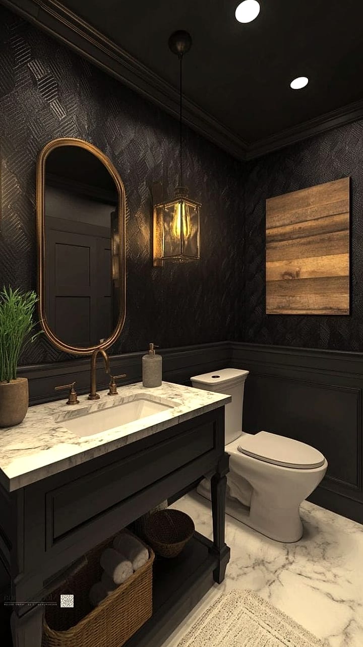 Moody Powder Room with Black Walls