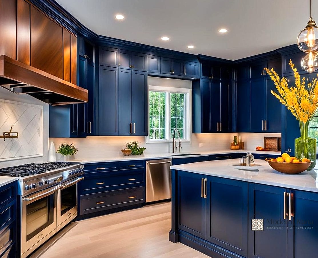 Navy Blue Cabinets with Brass Hardware