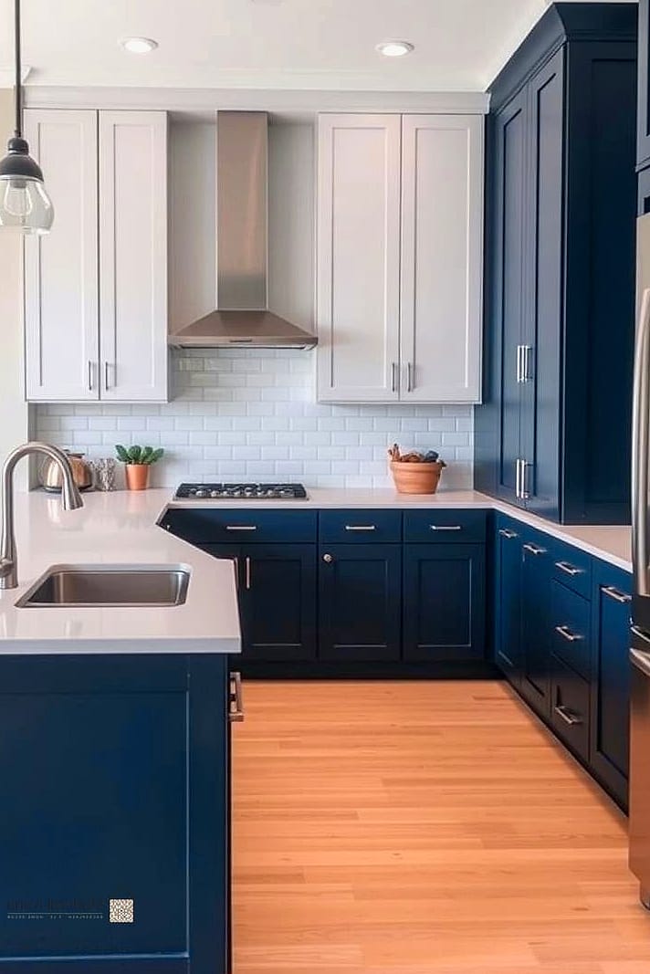 Navy Blue Lower Cabinets with White Uppers