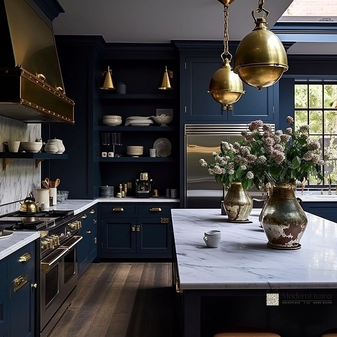 Navy Blue Kitchen with Brass Hardware