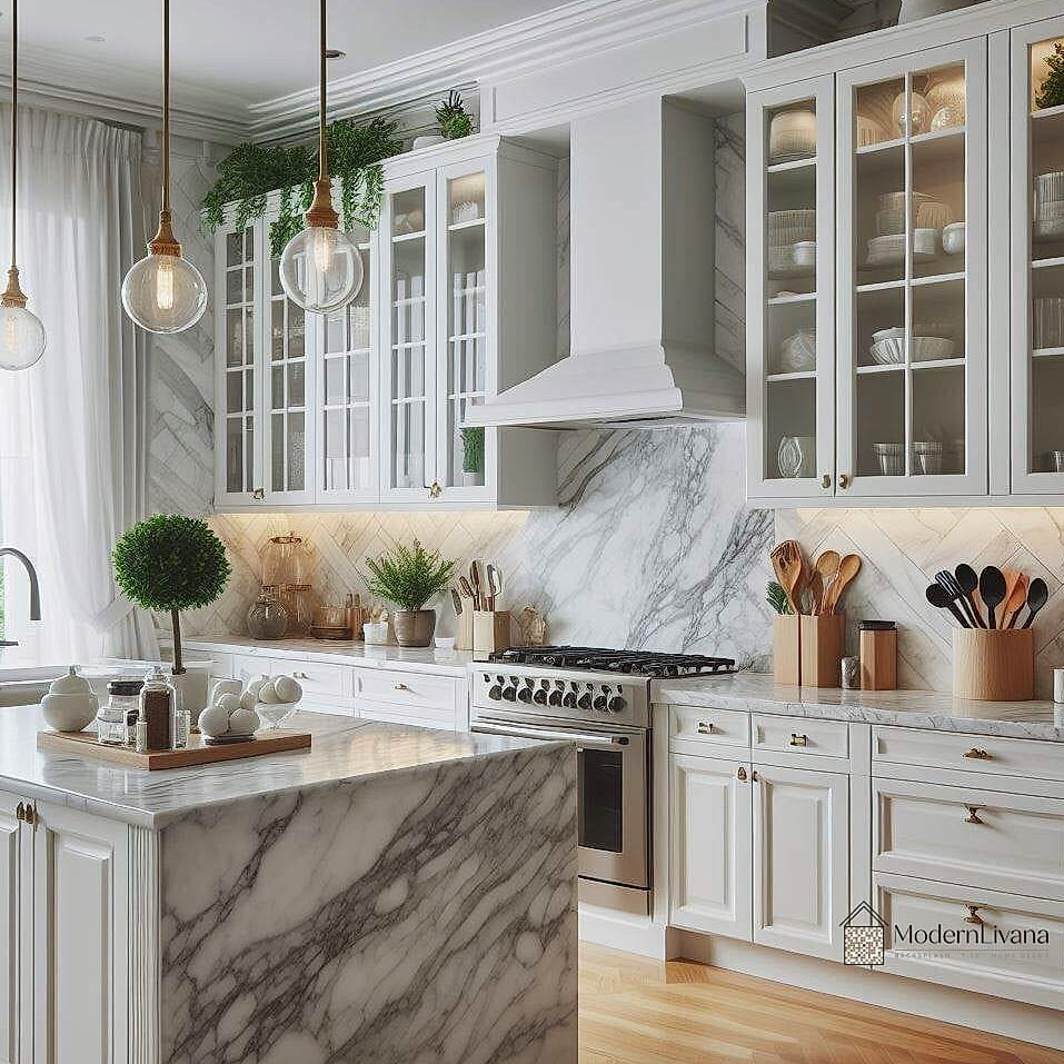 28 Off White Kitchen Ideas You Haven't Seen Before 9 Off White Cabinets with a Marble-Look Waterfall Island