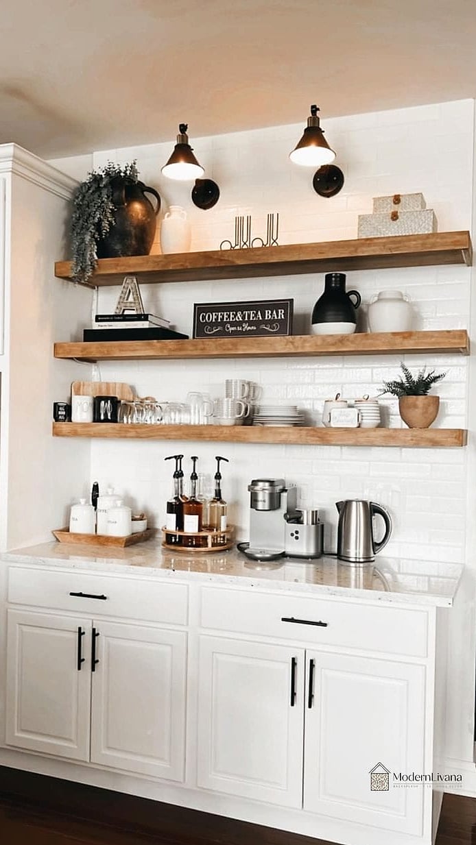 Open Shelving Above a White Base Cabinet