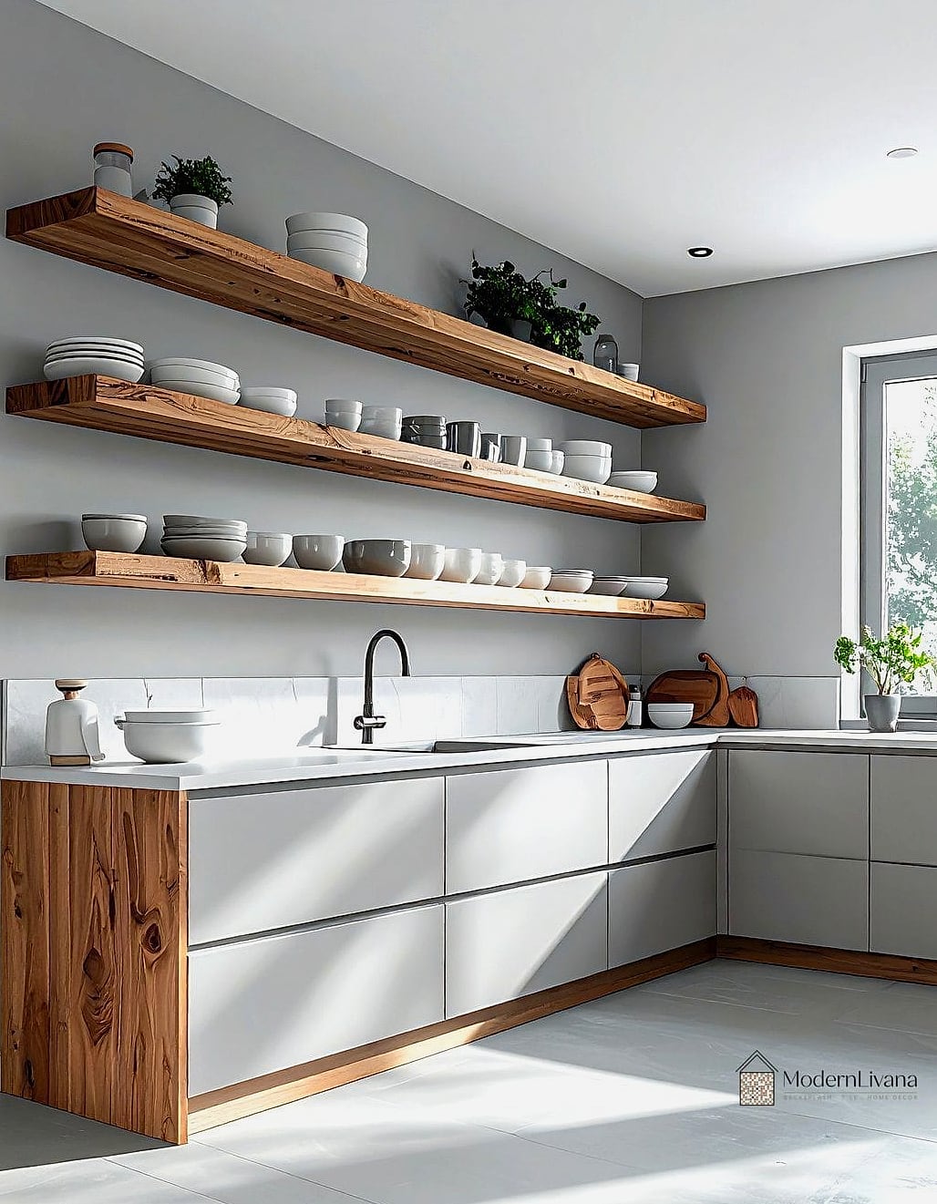 Open Shelving with Gray Cabinetry