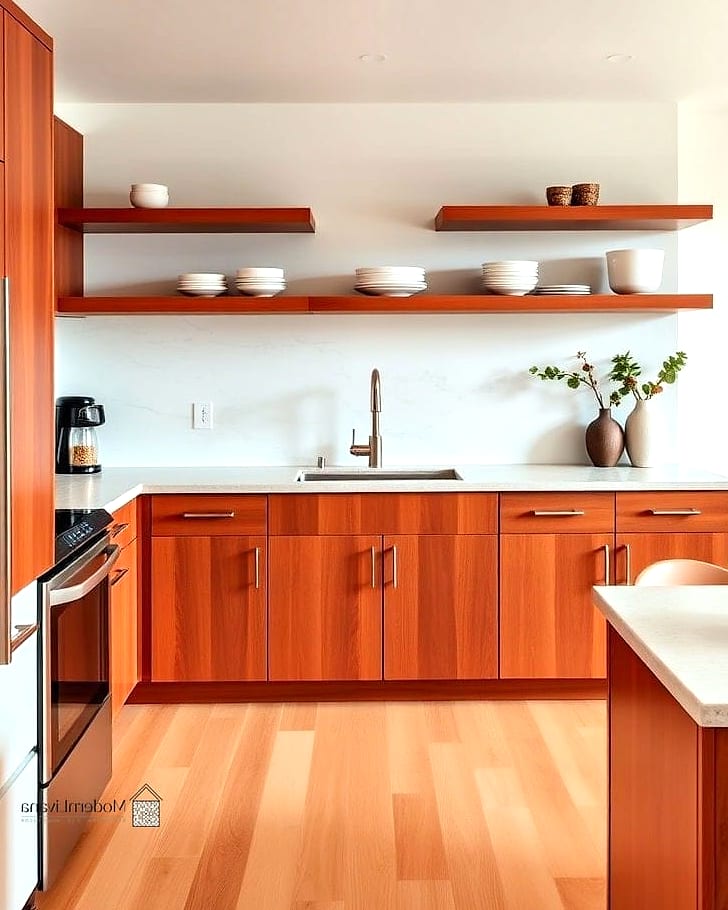30 Cherry Kitchen Ideas That Are Stylish and Practical 6 Open Shelving to Break Up Heavy Cabinetry