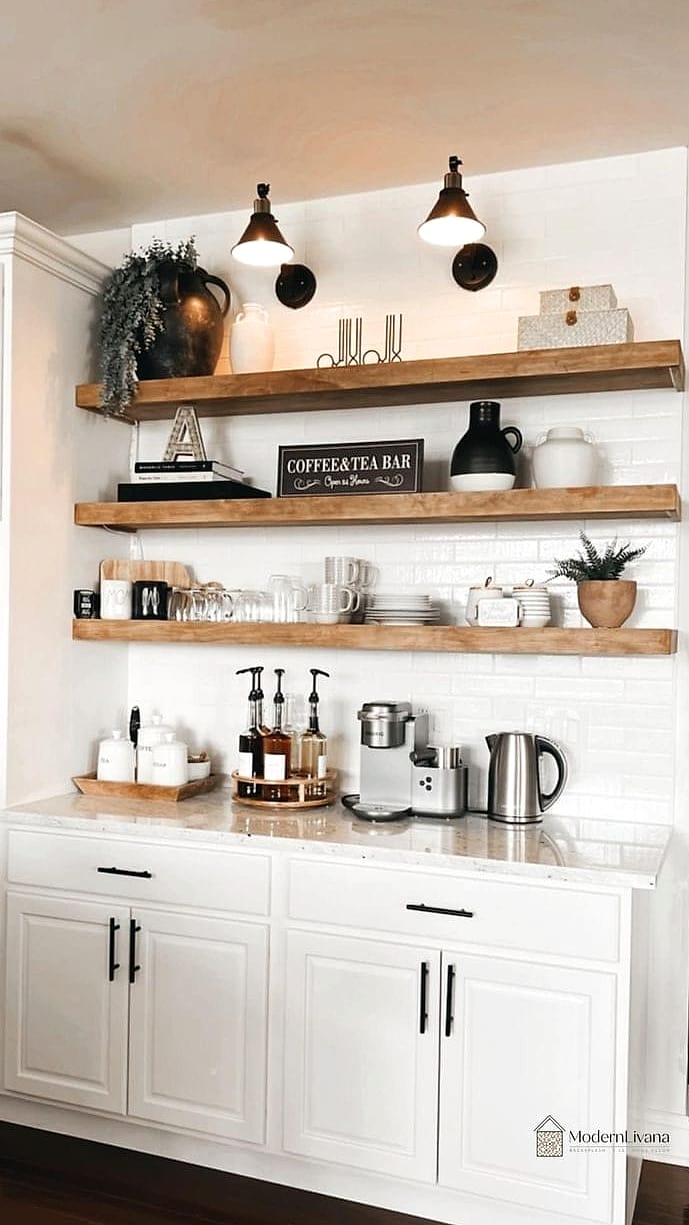 22 Open Shelving Kitchen Ideas That Will Transform Your Space 7 Open Shelving Above a Coffee or Beverage Station