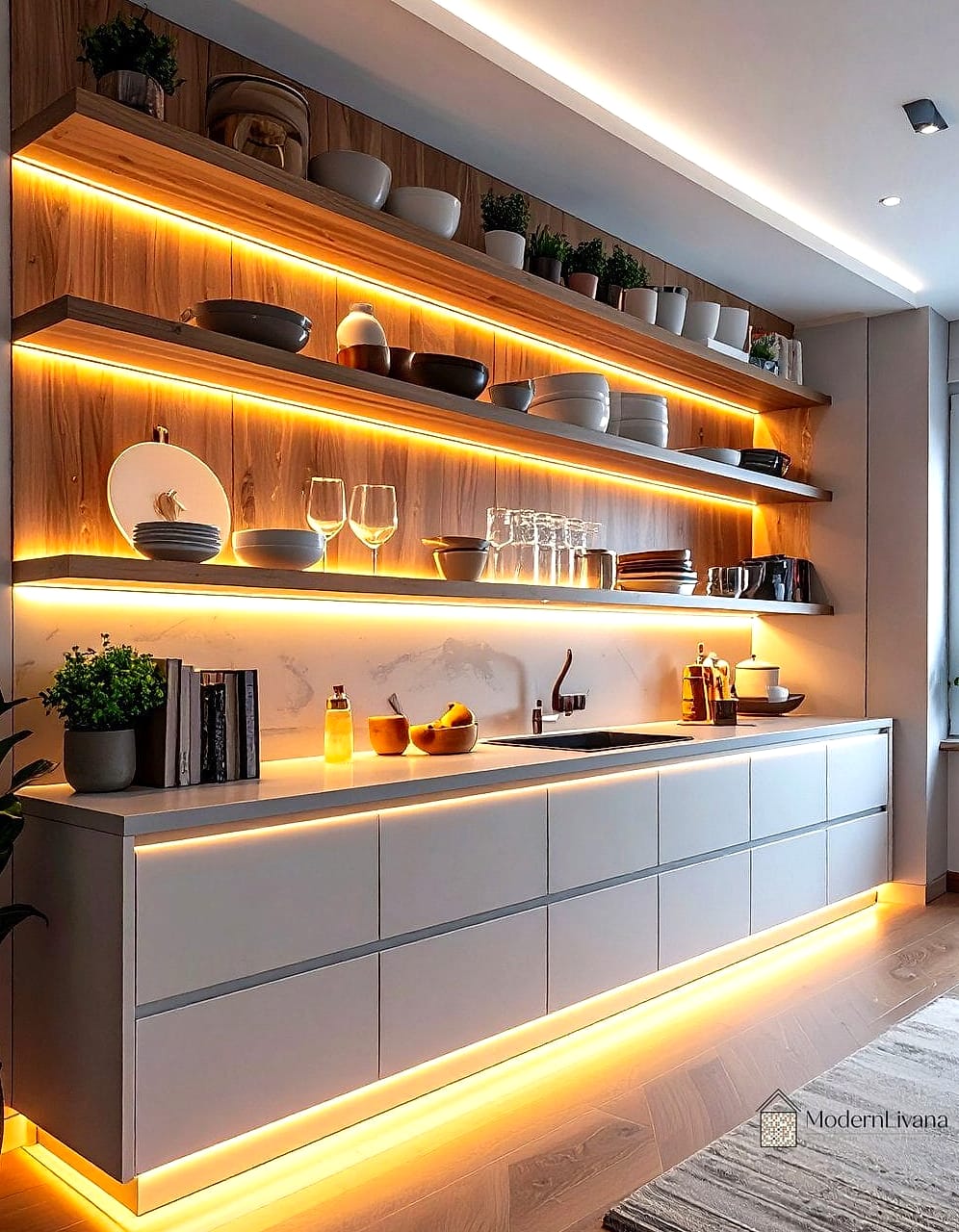 22 Open Shelving Kitchen Ideas That Will Transform Your Space 11 Open Shelving with Hidden LED Lighting