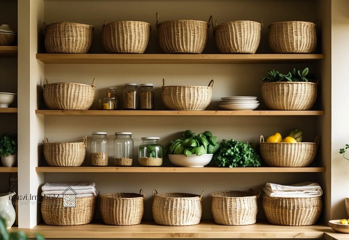 22 Open Shelving Kitchen Ideas That Will Transform Your Space 18 Open Shelving with Woven Baskets for Hidden Storage