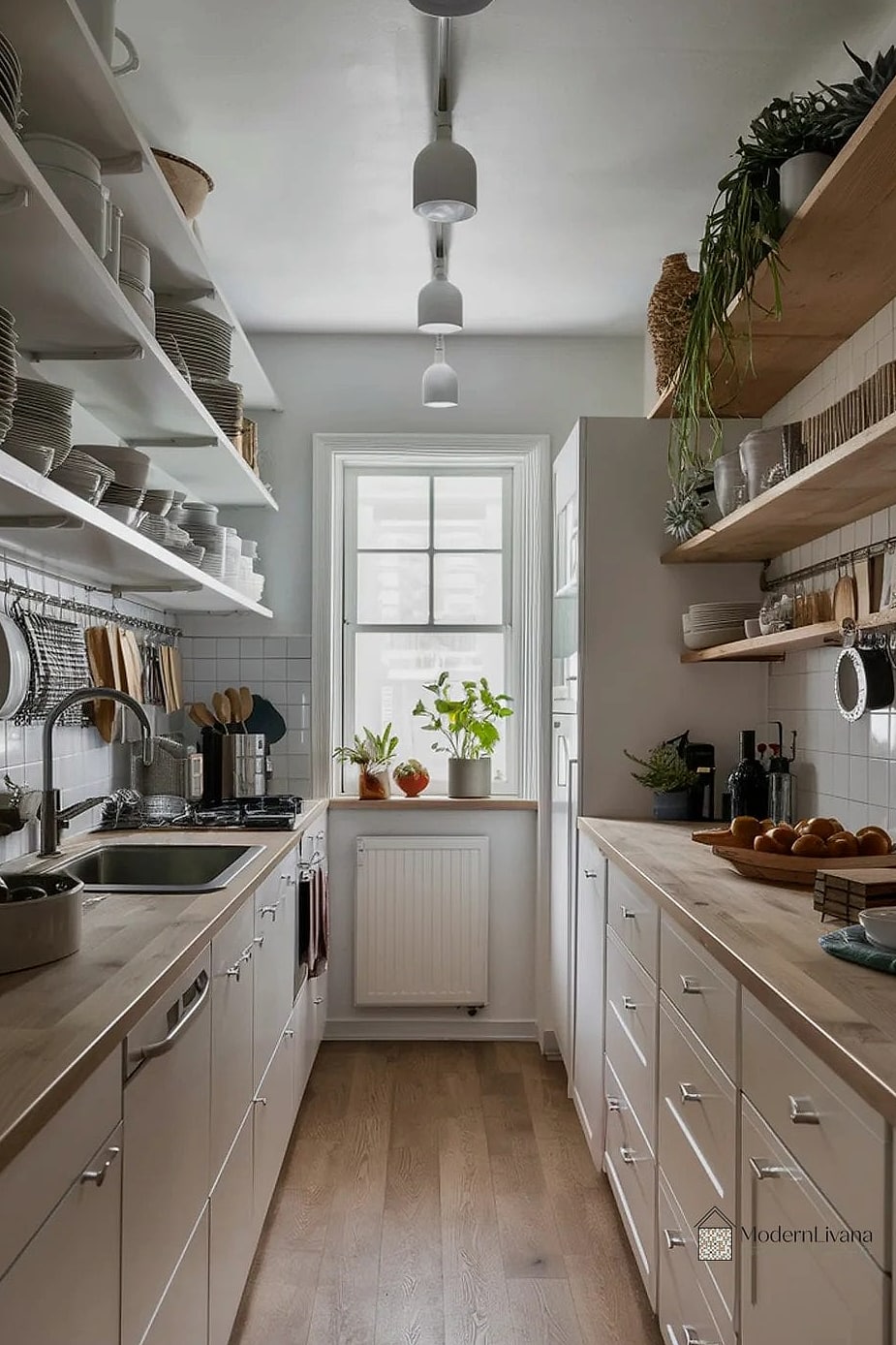 22 Open Shelving Kitchen Ideas That Will Transform Your Space 22 Open Shelving in a Galley Kitchen