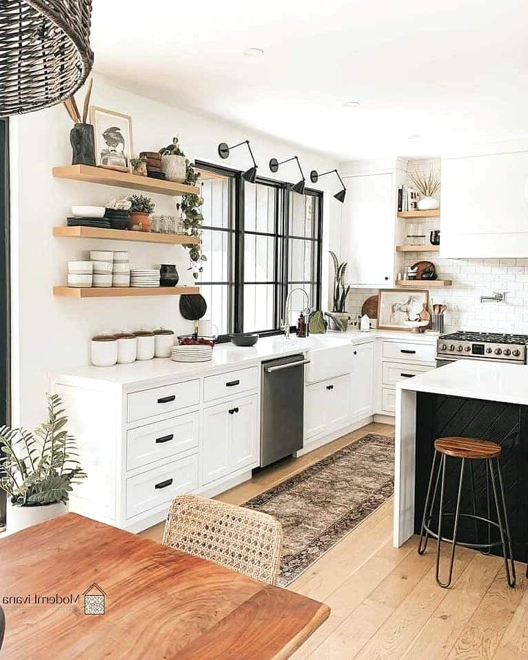 28 White Farmhouse Kitchen Ideas That Look Expensive But Aren't 6 Open Shelving with Curated Dishware