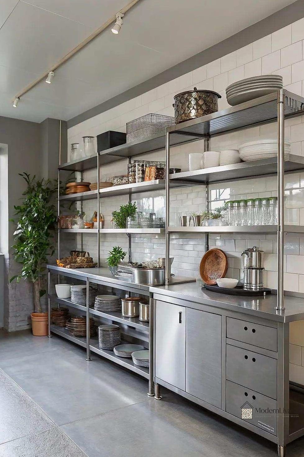 26 Kitchen with Stainless Steel Appliances Cool Ideas You Haven't Seen Before 4 Open Shelving Between Appliances