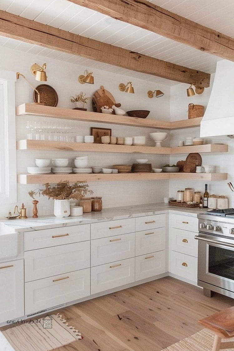 24 White Kitchen Ideas That Are Stylish and Practical 9 Open Shelving Instead of Upper Cabinets