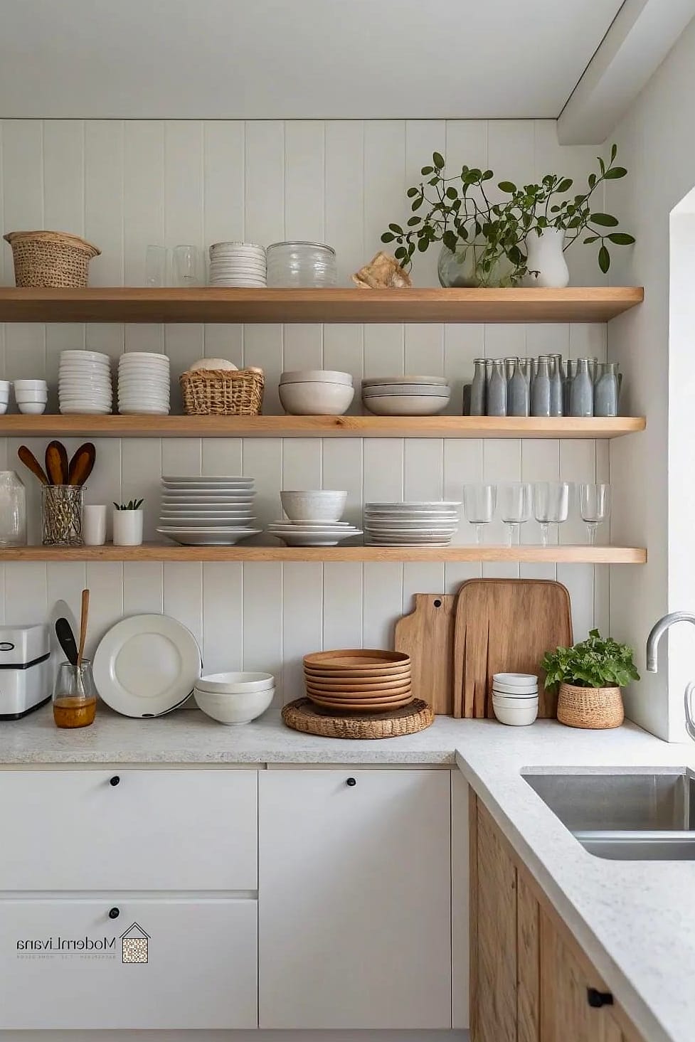 27 Minimalist Kitchen Ideas You Haven't Seen Before 24 Open Shelving Made from the Same Material as the Counter