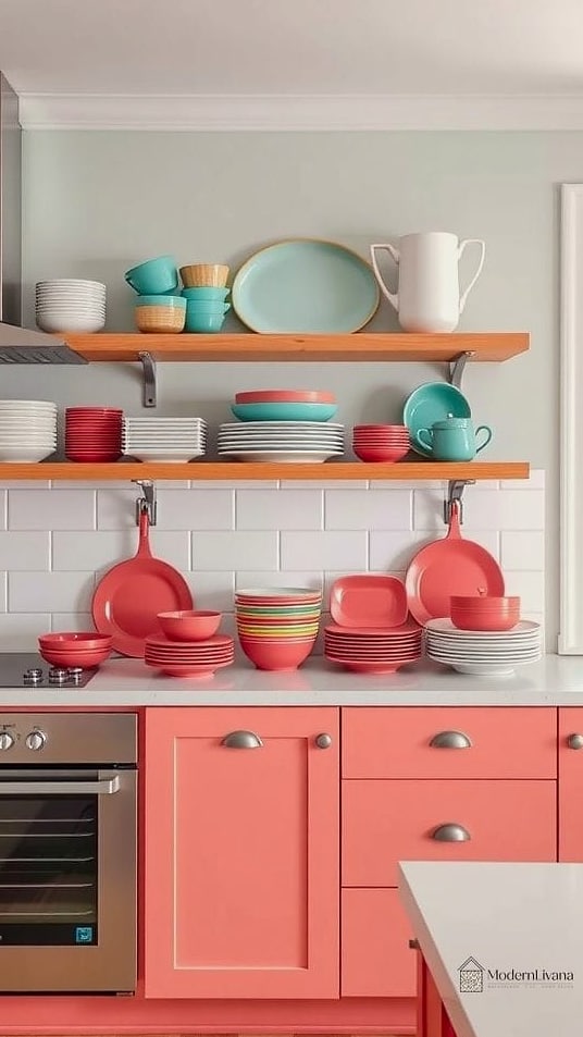 29 Colorful Kitchen Ideas That Look Expensive But Aren't 10 Open Shelving with Colorful Dishware