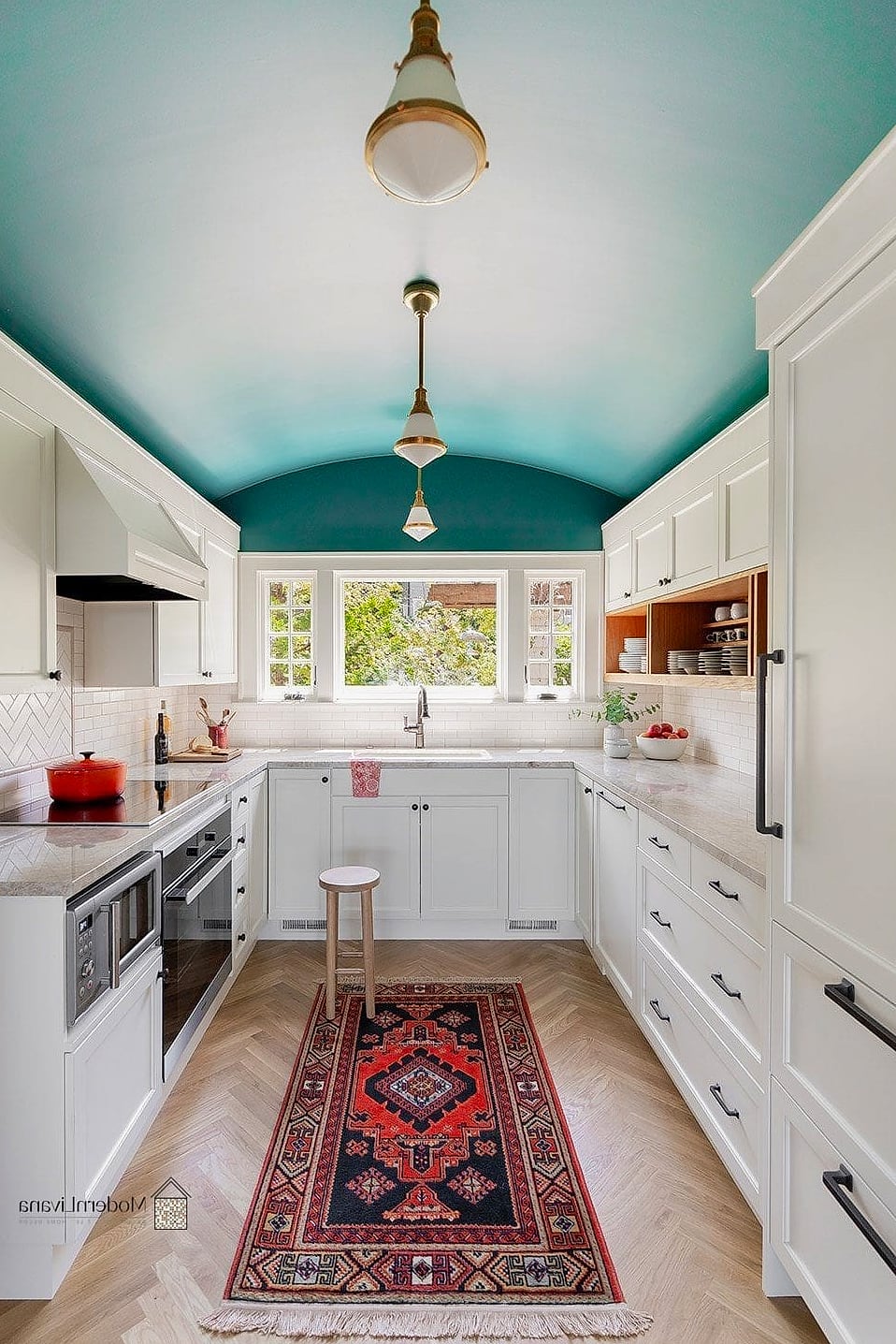 29 Colorful Kitchen Ideas That Look Expensive But Aren't 8 Painted Ceiling in a Bold Hue