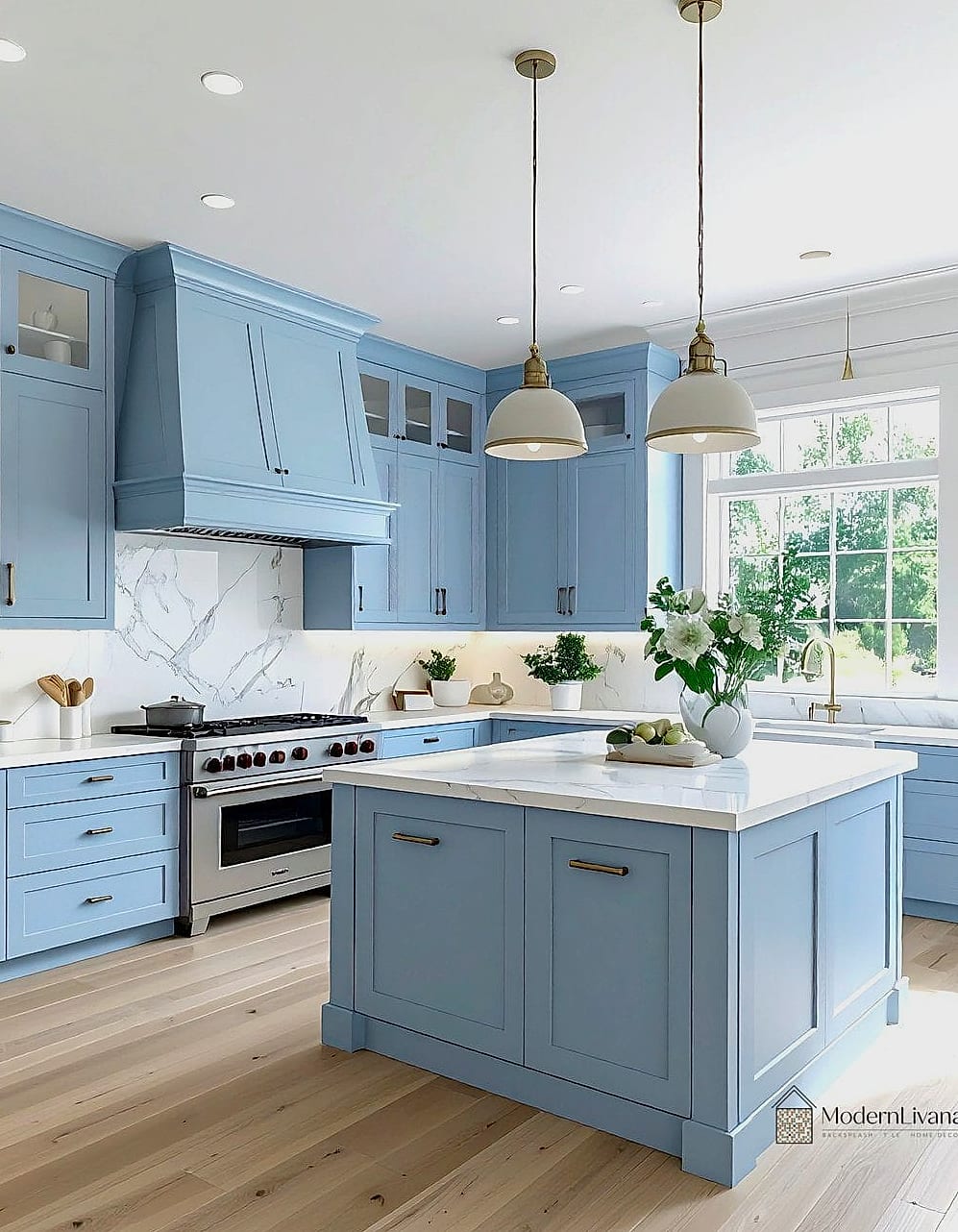 Pale Blue-Gray Cabinets for a Neutral Twist