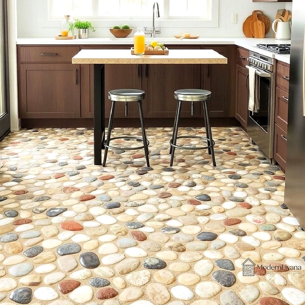 22 Kitchen Floor Tiles Ideas You Haven't Seen Before 12 Pebble-Textured Tile Near the Sink